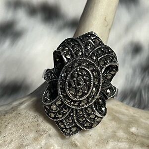 Sterling Silver Vintage-Inspired Black Marcasite Floral Statement Ring